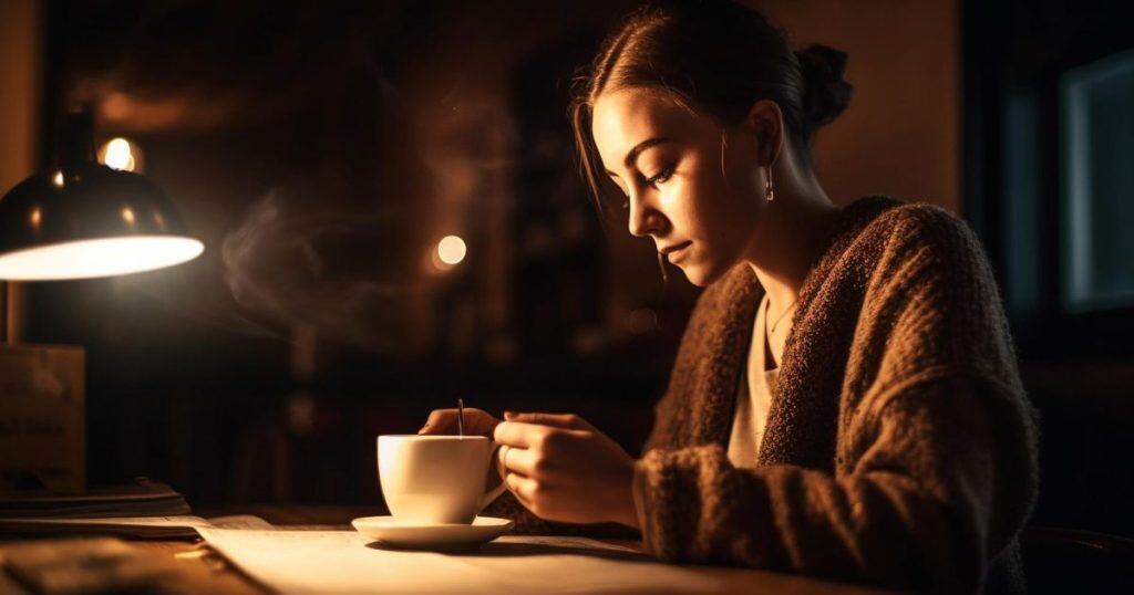 a woman sitting in the dark late at night wearing a brown cardigan with her hair in a neat bun drinking tea on solitude.