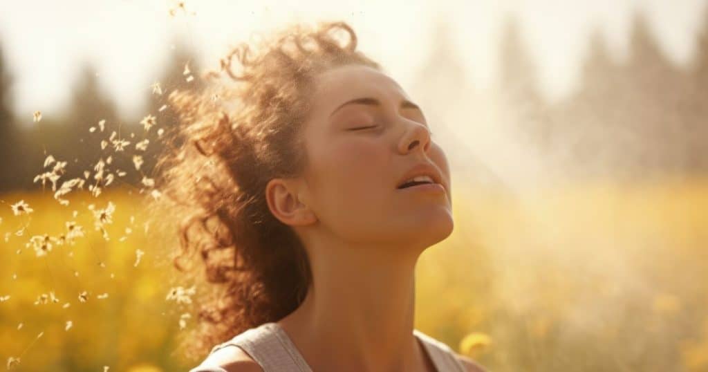 a woman breathing fresh air and soaking in the sunshine with her eyes close feeling awesome.