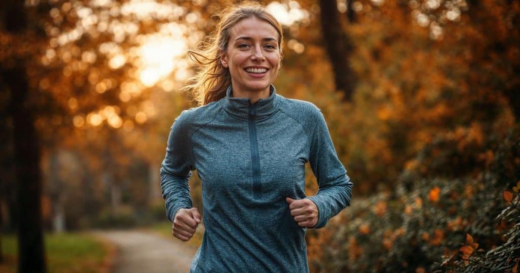 a woman jogging and smiling feeling happy with her decision to cutting off her narcissistic brother from her life.