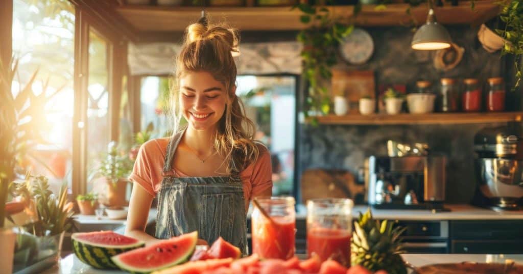 a happy woman in her kitchen preparing healthy meal to keep her body strong while she is dealing with her narcissistic mother.