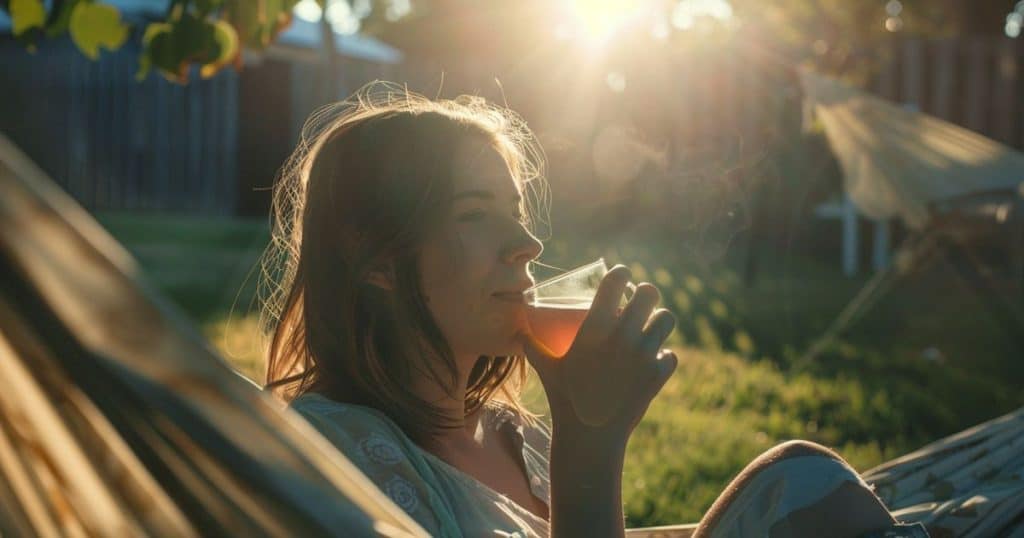 A woman drinking water on a swing