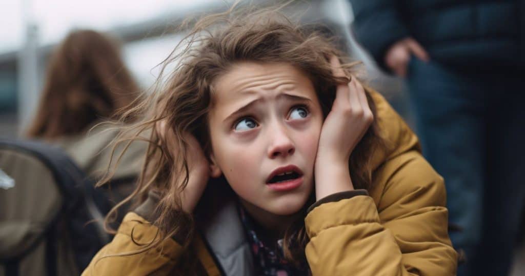 a young girl having her hands over ears with Anxiety and uneasy feelings
