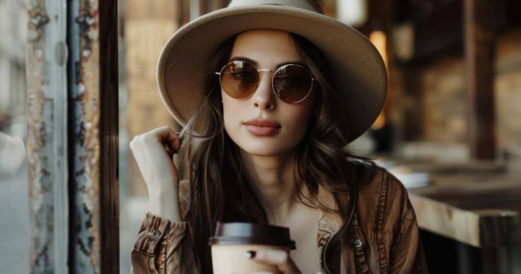 woman drinking coffee looking fashionable and cool.