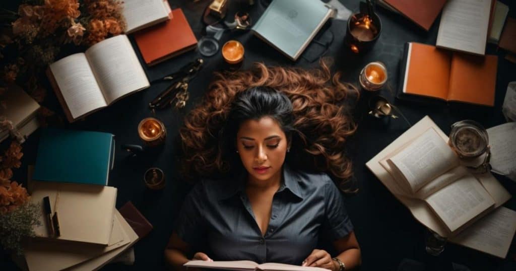 a woman reading books surrounded with candles.