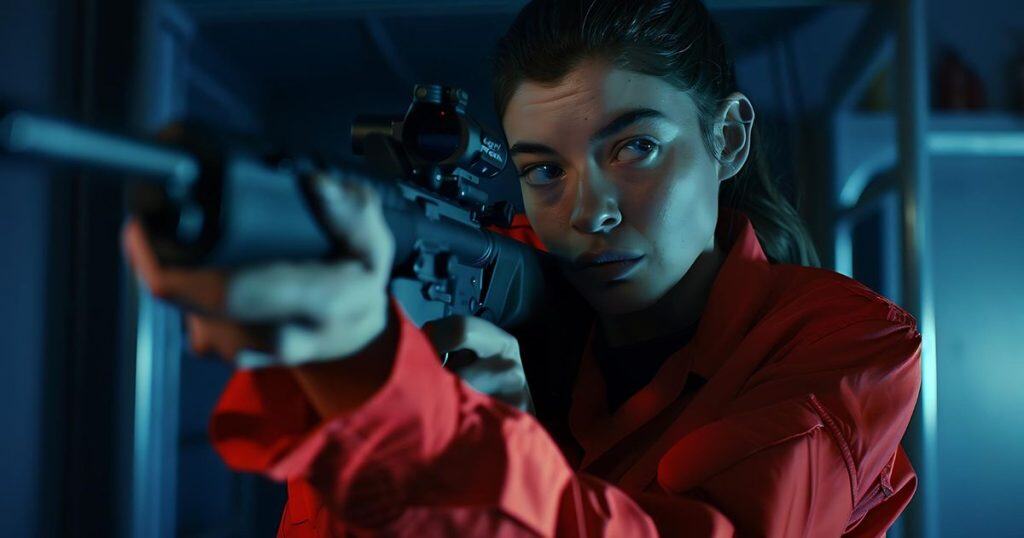 a woman wearing a red coat holding a sniper gun in a dark room feeling anxious as she doens't feel safe in her family situation.