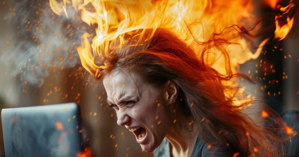 an angry woman with fire coming out of her hair looking at her laptop screen feeling unhappy as she can't control anyone around her.