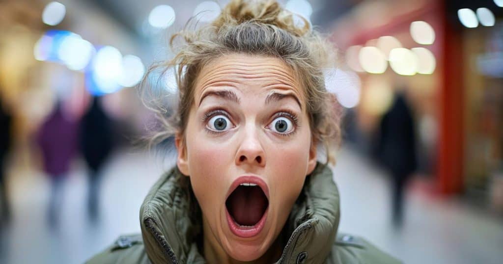 a woman in a messy bun with wild eyes and mouth open feeling shock that her family is walking from her because of her toxic behaviour.