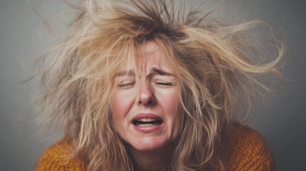 a woman with a very messy hair wearing a yellow sweater with her eyes close pretending to cry when her family is catching on her lies.