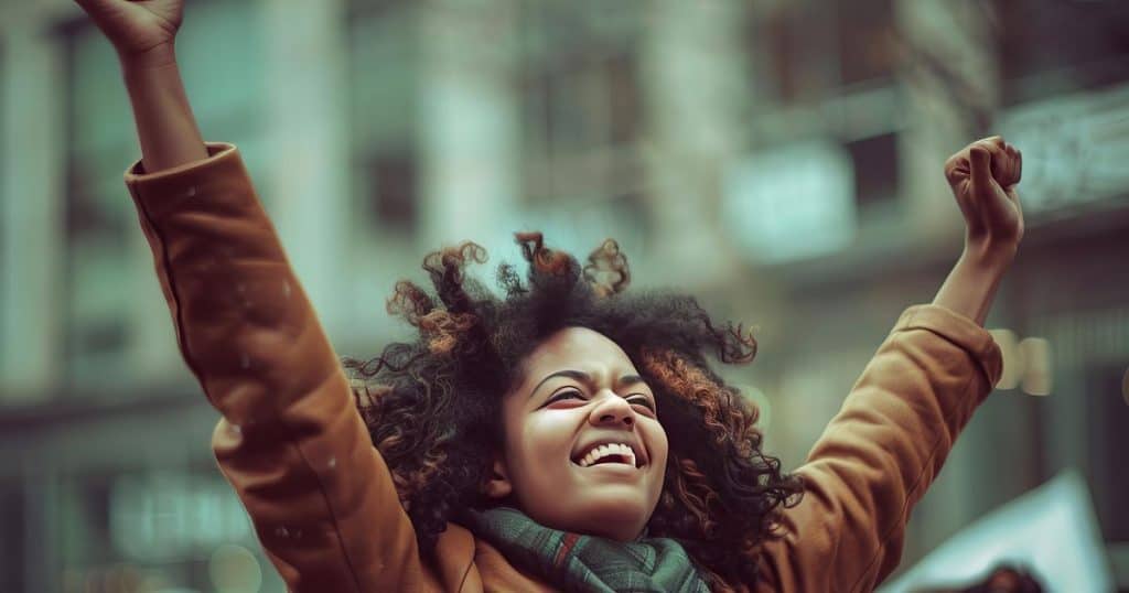 a coloured woman putting her hands up in the air feeling victorious as she cut off her narcissistic family.