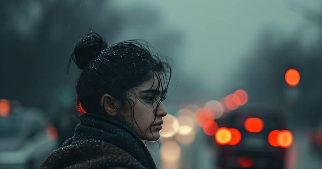 a woman with her hair in a bun standing alone in the rain looking lost as the guilt she felt after cutting off her narcissist mother.