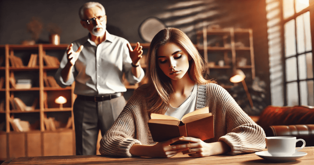 A woman reading a book at a table while an older man in the background gestures with his hands.