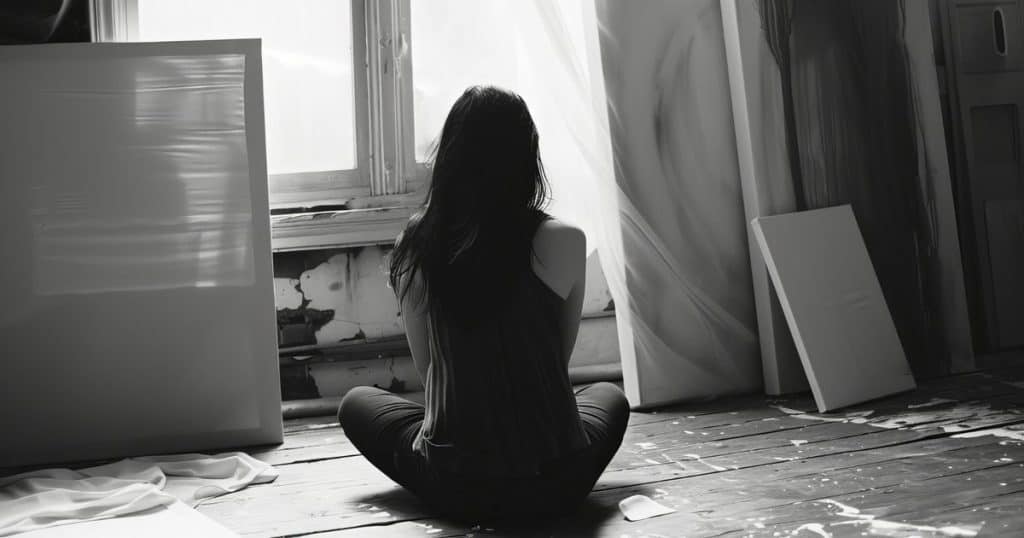 a sad woman sitting alone looking out the window in an empty home. the image is black and white.