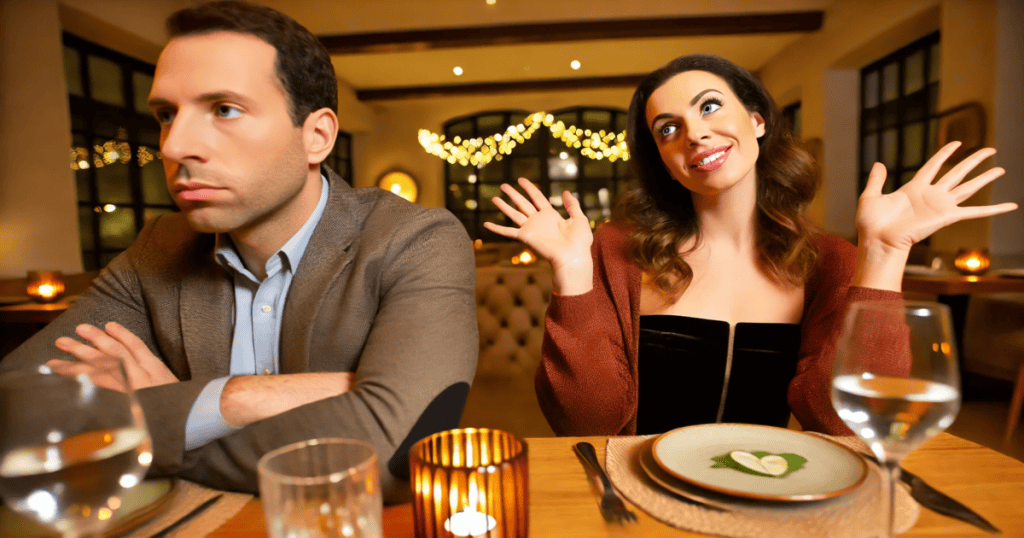 A woman animatedly talking at a dinner table while her partner looks disengaged and frustrated.