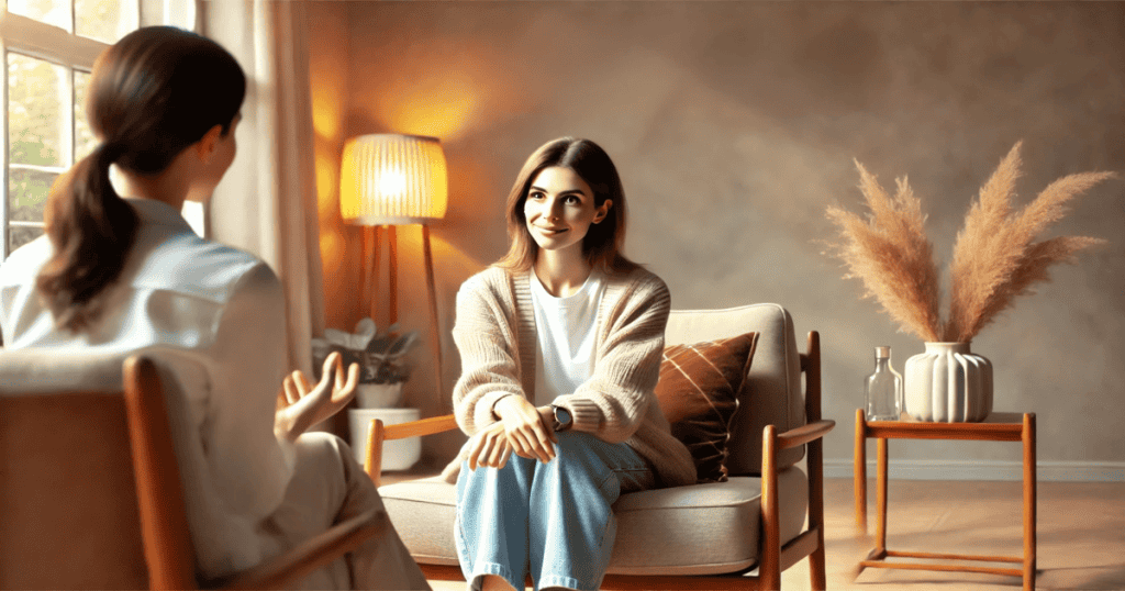 A woman having a thoughtful conversation with a therapist in a warm and cozy setting.