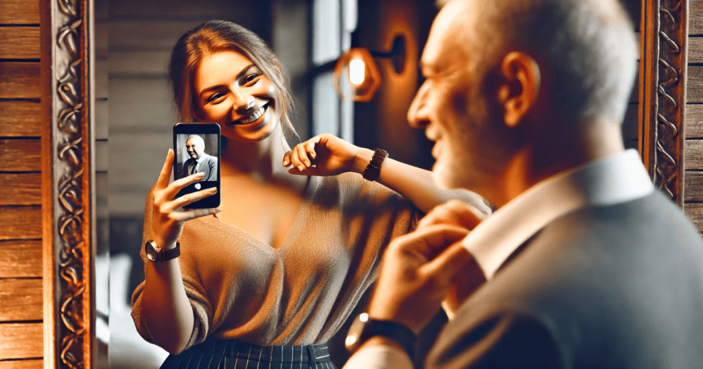 A woman smiling as she holds up a phone, taking a picture of an older man adjusting his appearance in a mirror.