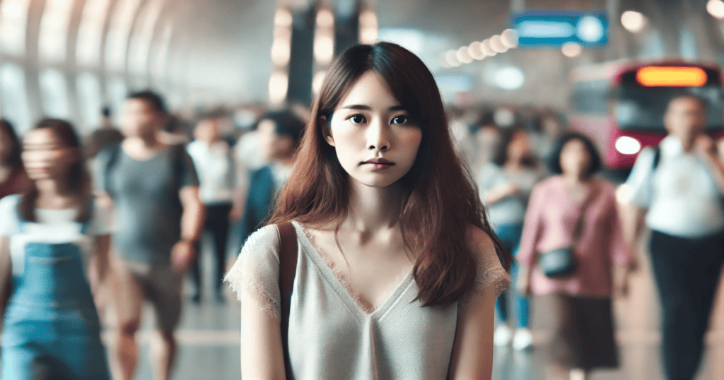 A woman stands in a crowded station, looking directly at the camera with people blurred in the background.