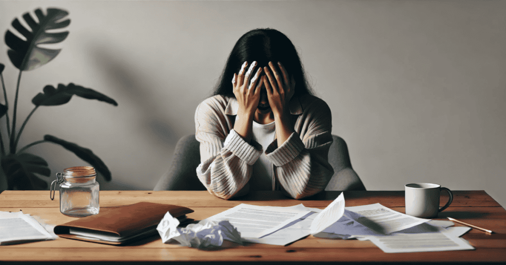 A woman sitting at a table with her hands covering her face, looking frustrated, with scattered papers around her.