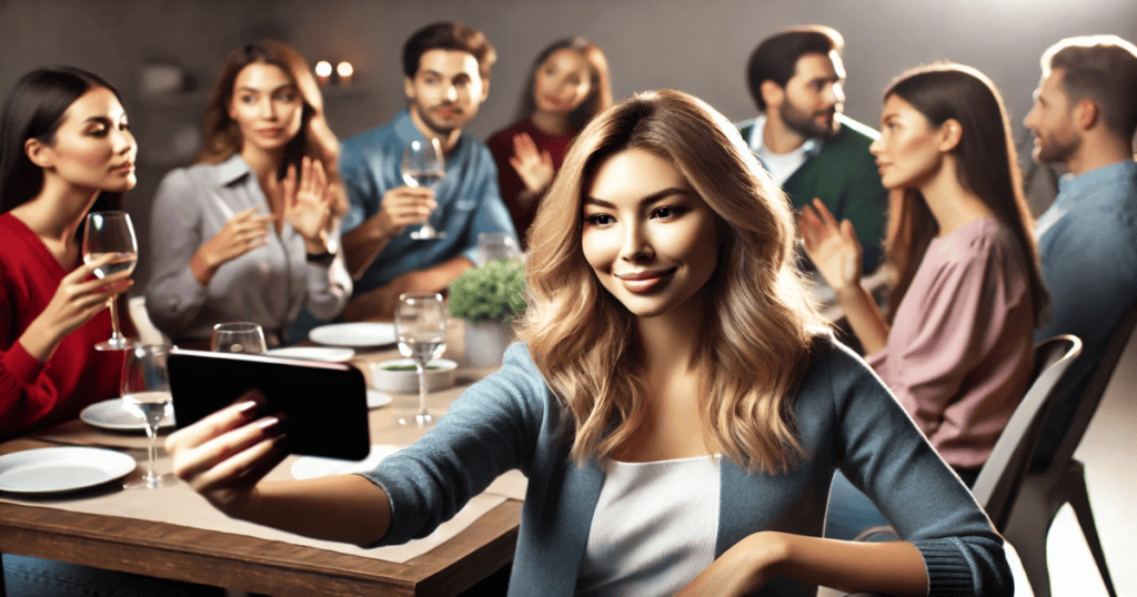 A woman taking a selfie at a dinner party while the people around her are disengaged.