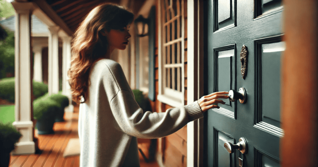 A woman on a porch reaches for the doorknob of a closed door.