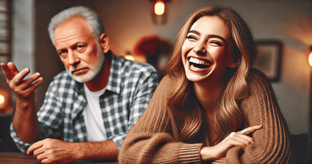 A woman laughing playfully while an older man sitting next to her looks annoyed mid-sentence.