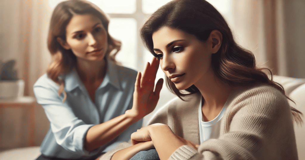 A woman gently comforts another woman sitting beside her, placing a hand on her shoulder in an empathetic gesture.