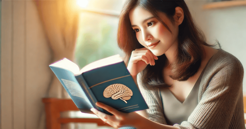 A woman sits indoors, reading a book with a brain illustration on the cover, looking engaged and thoughtful.