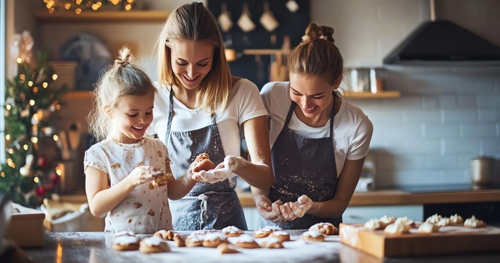 two woman baking with a young little girl in the kitchen during holidays.