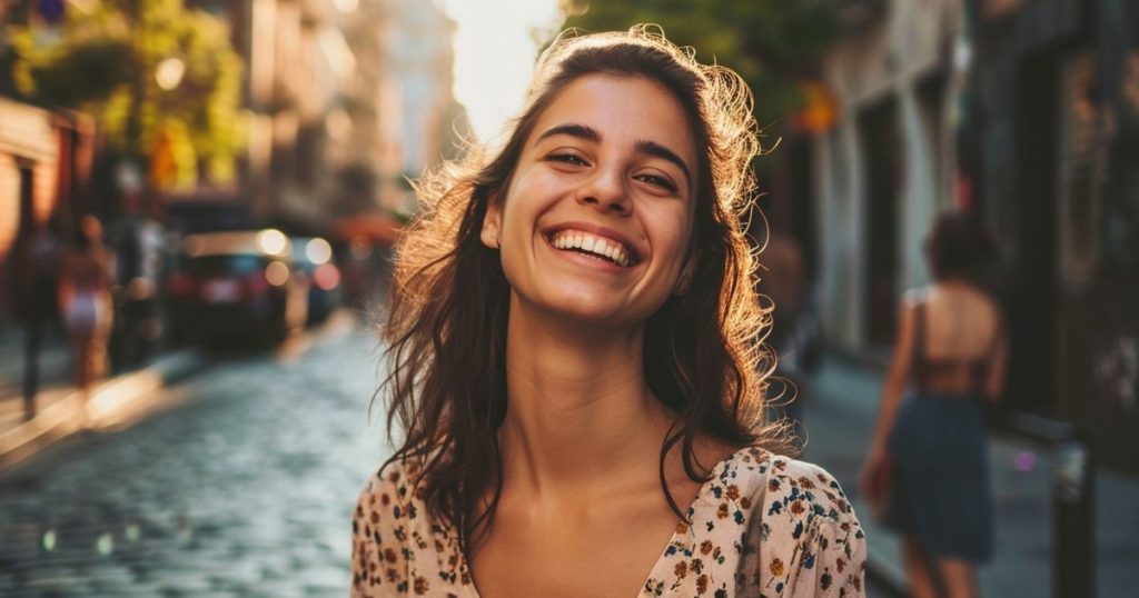 woman with a big smiling standing on the street on a bright day.