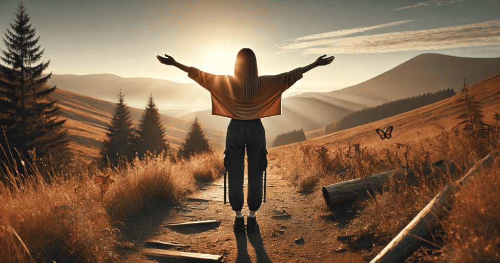 A woman standing on a mountain trail at sunrise with her arms open wide, facing the sky and surrounded by a scenic landscape.