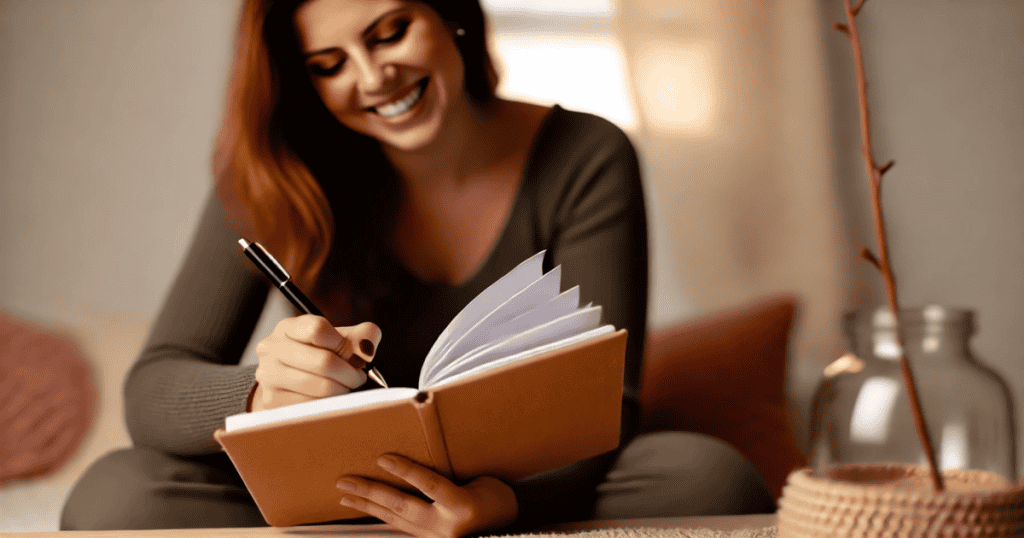 A woman smiling while writing in a journal in a cozy indoor setting.