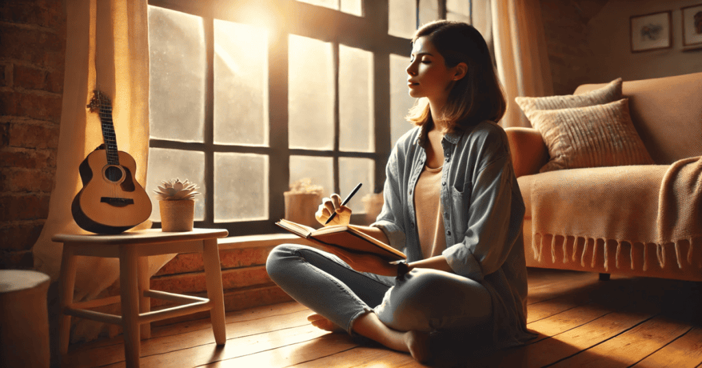 A woman sitting cross-legged by a large window with natural light, journaling or meditating in a cozy and calm indoor environment.