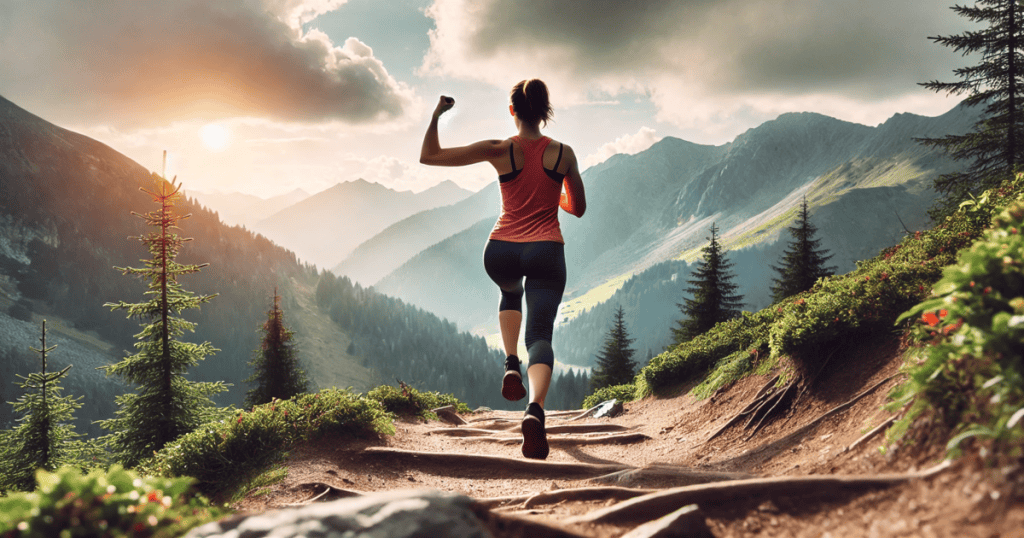 A woman jogging uphill on a mountain trail, surrounded by nature.