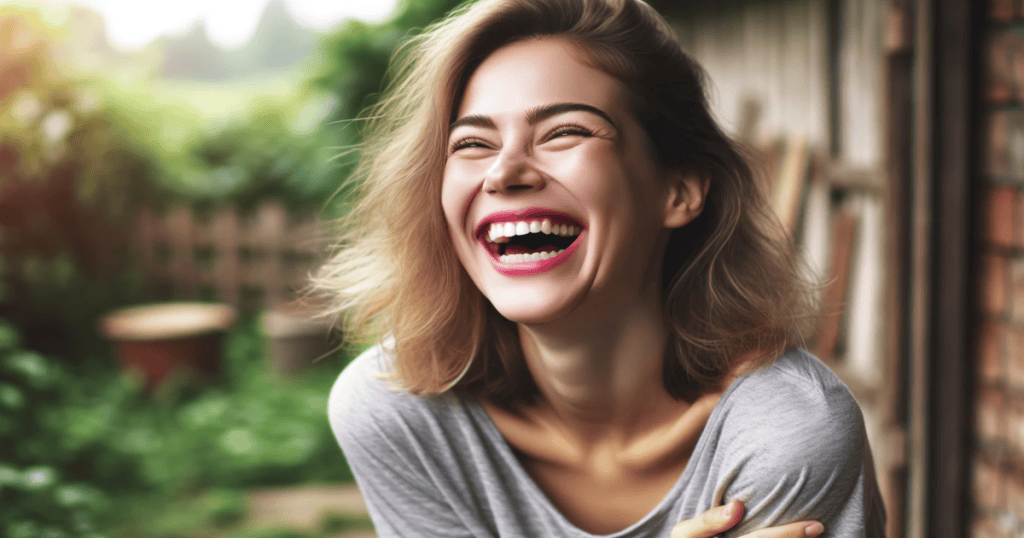 A candid shot of a woman laughing joyfully in an outdoor natural setting, with a carefree expression and a slightly smaller, gentle smile.