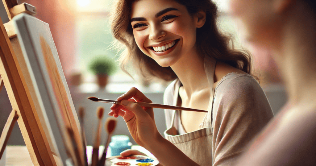 A close-up of a woman smiling softly while painting, with an art palette and paintbrush in hand, in a warm and creative indoor setting.