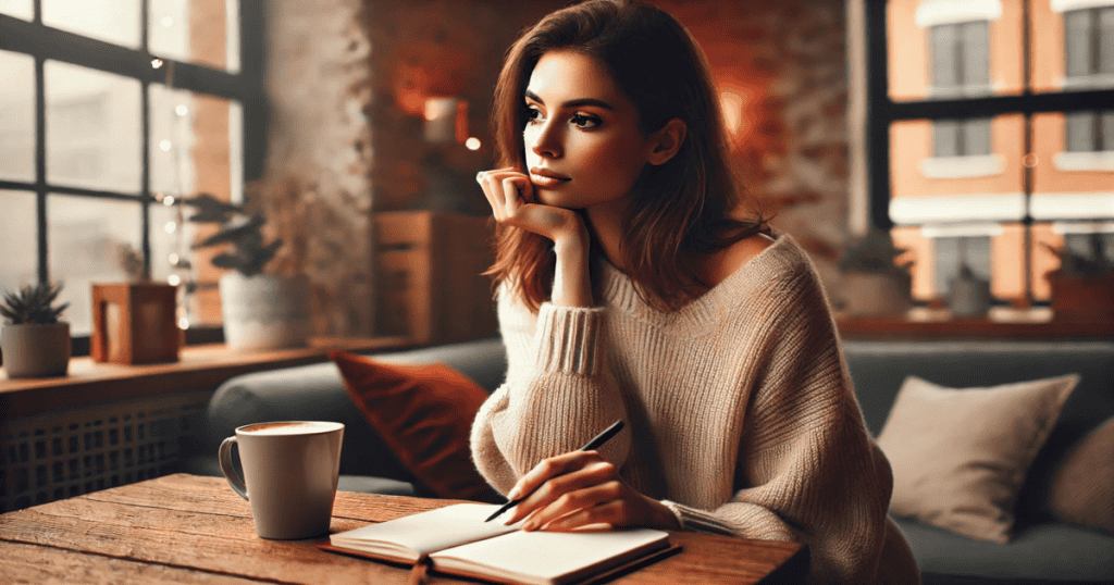 A woman sitting thoughtfully in a cozy space with a warm drink and notebook.