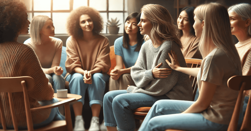 A group of women seated together in a supportive circle, sharing in a caring environment with soft lighting and warm colors.