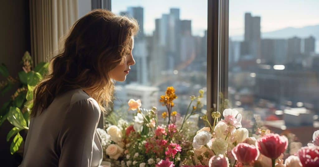 a beautiful woman surrounding with various kind of flowers near open big window as she leans toward the flowers and smell them with a smile.