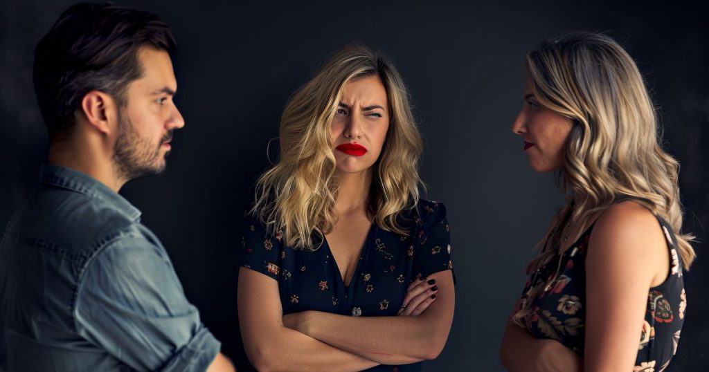 unhappy woman with her arms crossed standing between two people.