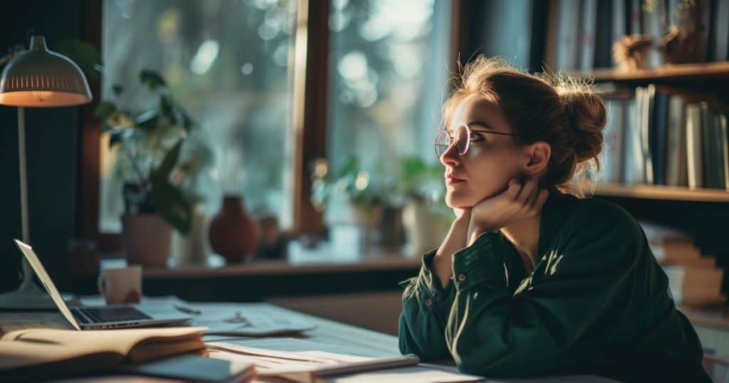 Thoughtful young woman gazing out the window in a cozy indoor setting