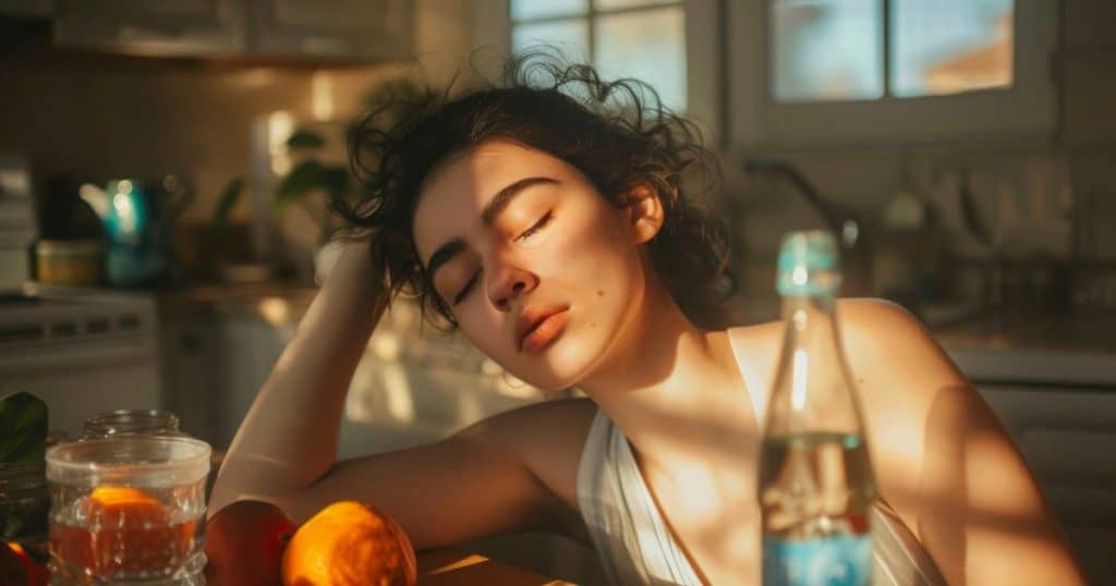 a young woman sitting in the kitchen with sunlight tracing over her face. She closes her eyes and feel relaxed.