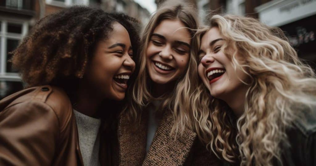 Smiling young adults enjoy friendship and togetherness outdoors