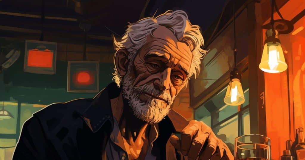 Sad looking old man sitting alone in the bar illustration.