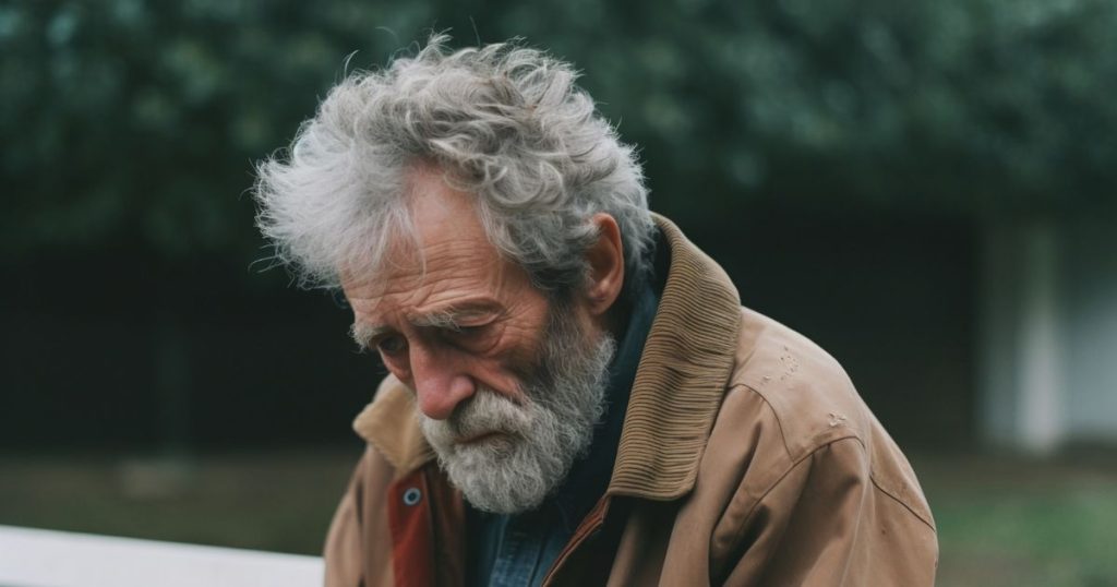 image of an older man sad and looking depressed sitting at a park bench.