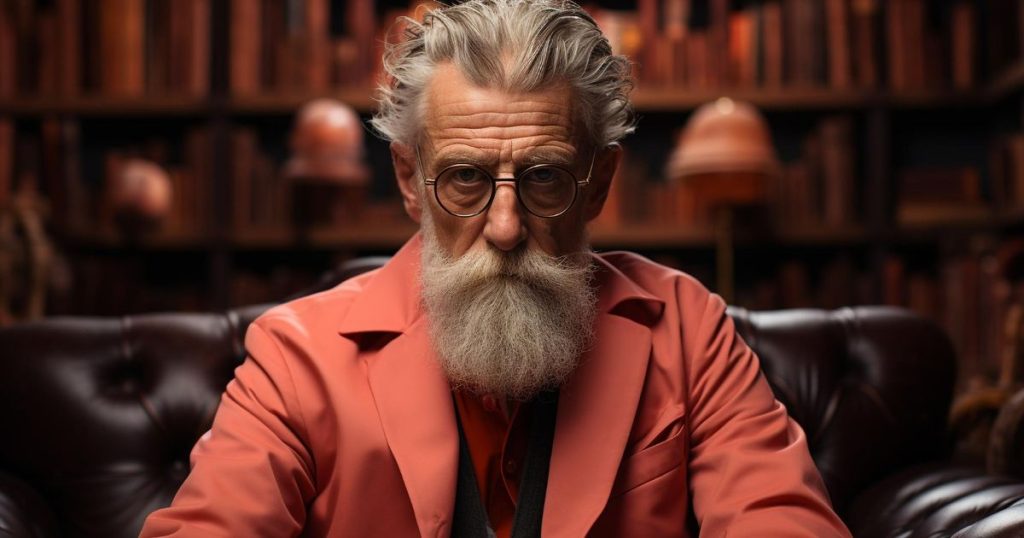 A confident older man in a suit sitting in his library looking very unwelcoming.
