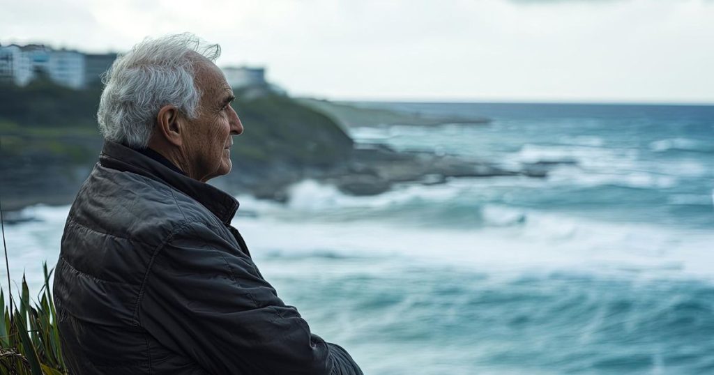 lonely man sitting at the beach in a cloudy day looking sad.