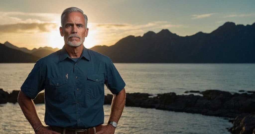 a confident man standing with his hands on his hip overlooking the sunset beach.