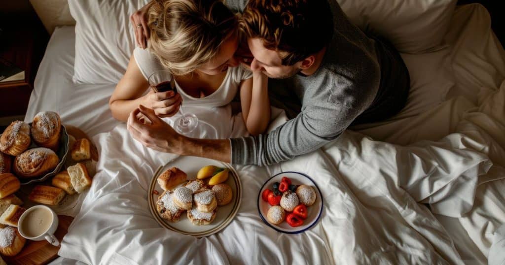 Romantic Date Night Ideas - eating dessert in bed.