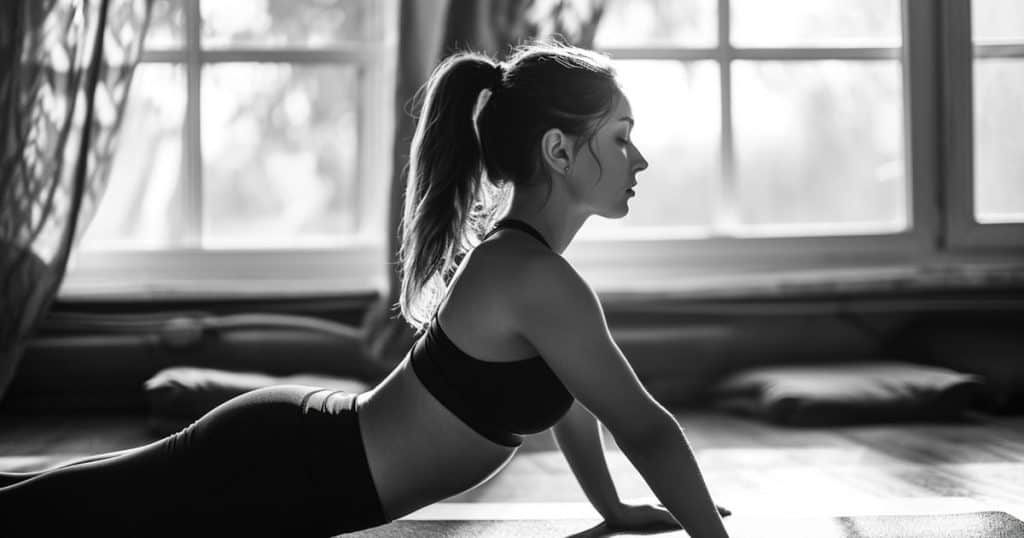 a black and white picture of a woman wearing yoga outfit doing a yoga pose in her sunny living room feeling very peacefule as she's living her free life without her controlling toxic partner.