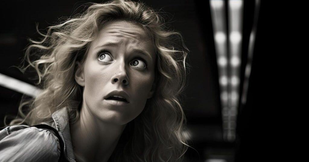 a woman looking fearful as if she is running away from something symbolizing narcissists running away from their victims when they no longer control them.