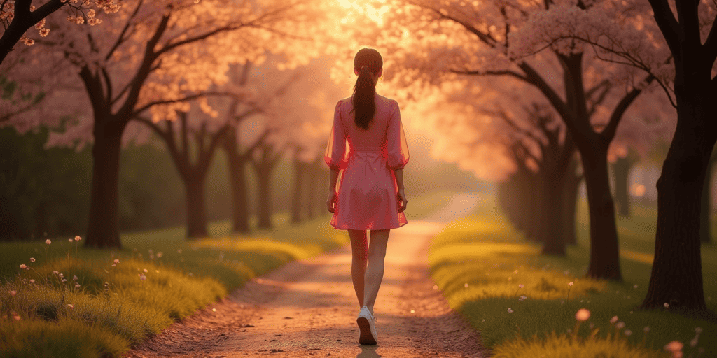 A woman walking along a path lined with cherry blossom trees.